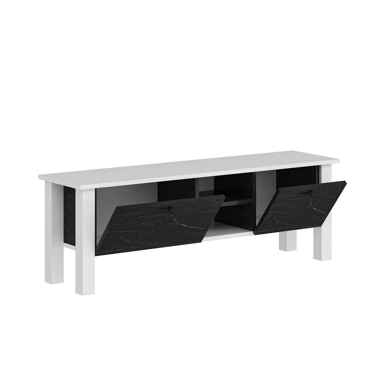 Comodă TV Rose - Marble, Alb - Negru, 140x35x45 cm