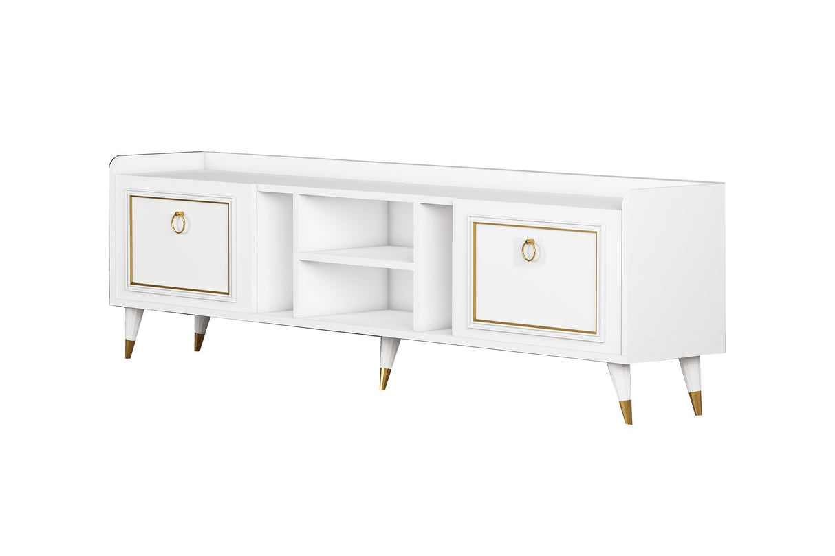 Comodă TV Rudy v2, Diverse culori, 180x35x55 cm - Alb - Auriu | SKU: 505CRL1721 | Comodă TV Rudy v2, 180x35x55 cm, varianta Alb - Auriu, produs pentru amenajarea locuinței, disponibil online în România la CasaMob