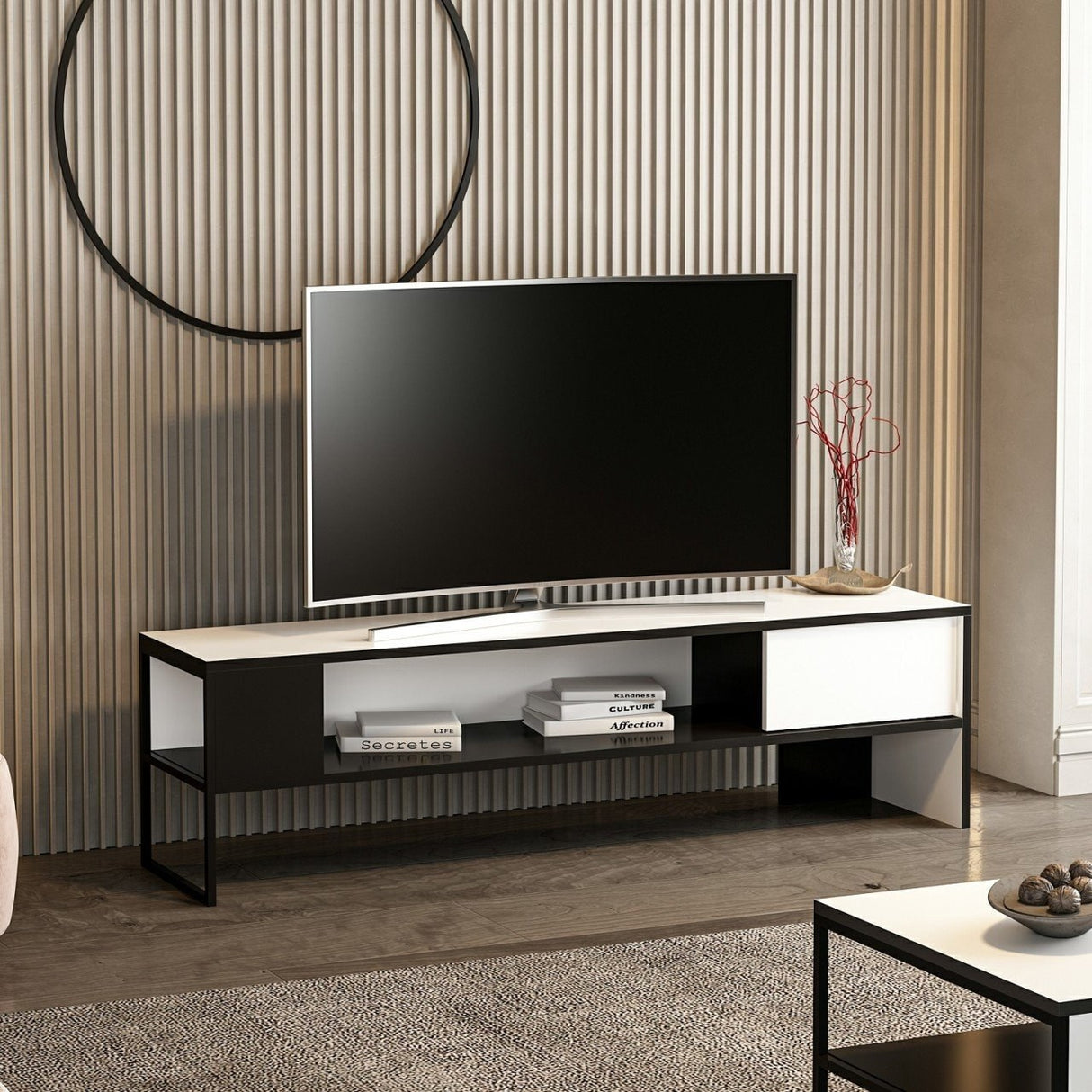 Comodă TV Concord, Alb - Negru, 150x35x42 cm