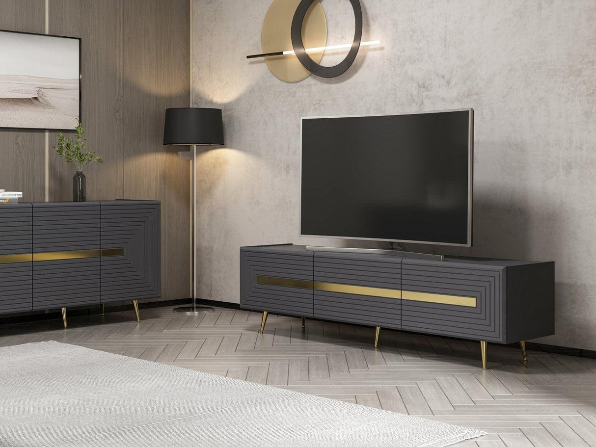 Comodă TV Jose, Diverse culori, Diverse dimensiuni - Antracit - Auriu - 180x42x50 cm | SKU: 506MNR1115 | Comodă TV Jose, varianta Antracit - Auriu - 180x42x50 cm, produs pentru amenajarea locuinței, disponibil online în România la CasaMob