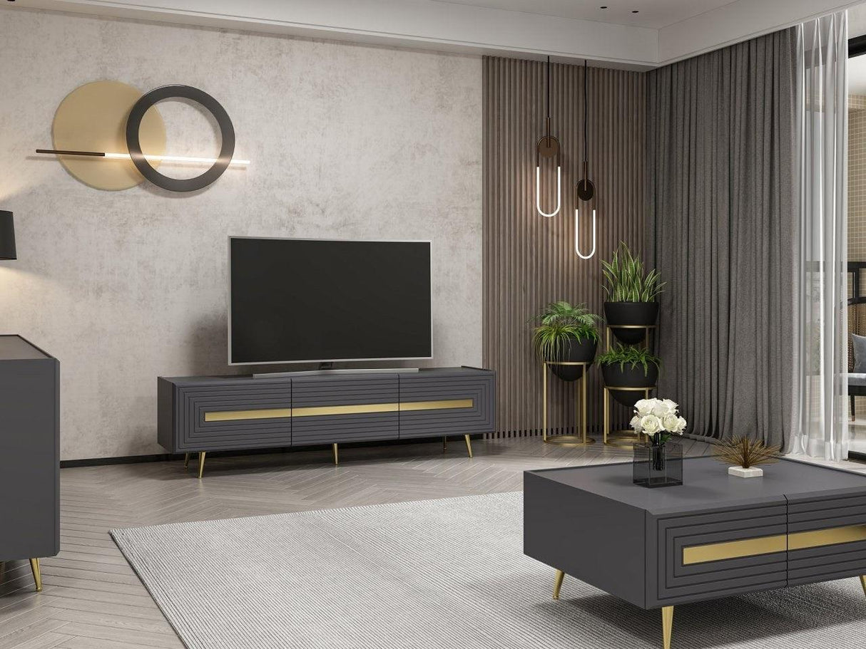 Comodă TV Jose, Diverse culori, Diverse dimensiuni - Antracit - Auriu - 180x42x50 cm | SKU: 506MNR1115 | Comodă TV Jose, varianta Antracit - Auriu - 180x42x50 cm, produs pentru amenajarea locuinței, disponibil online în România la CasaMob