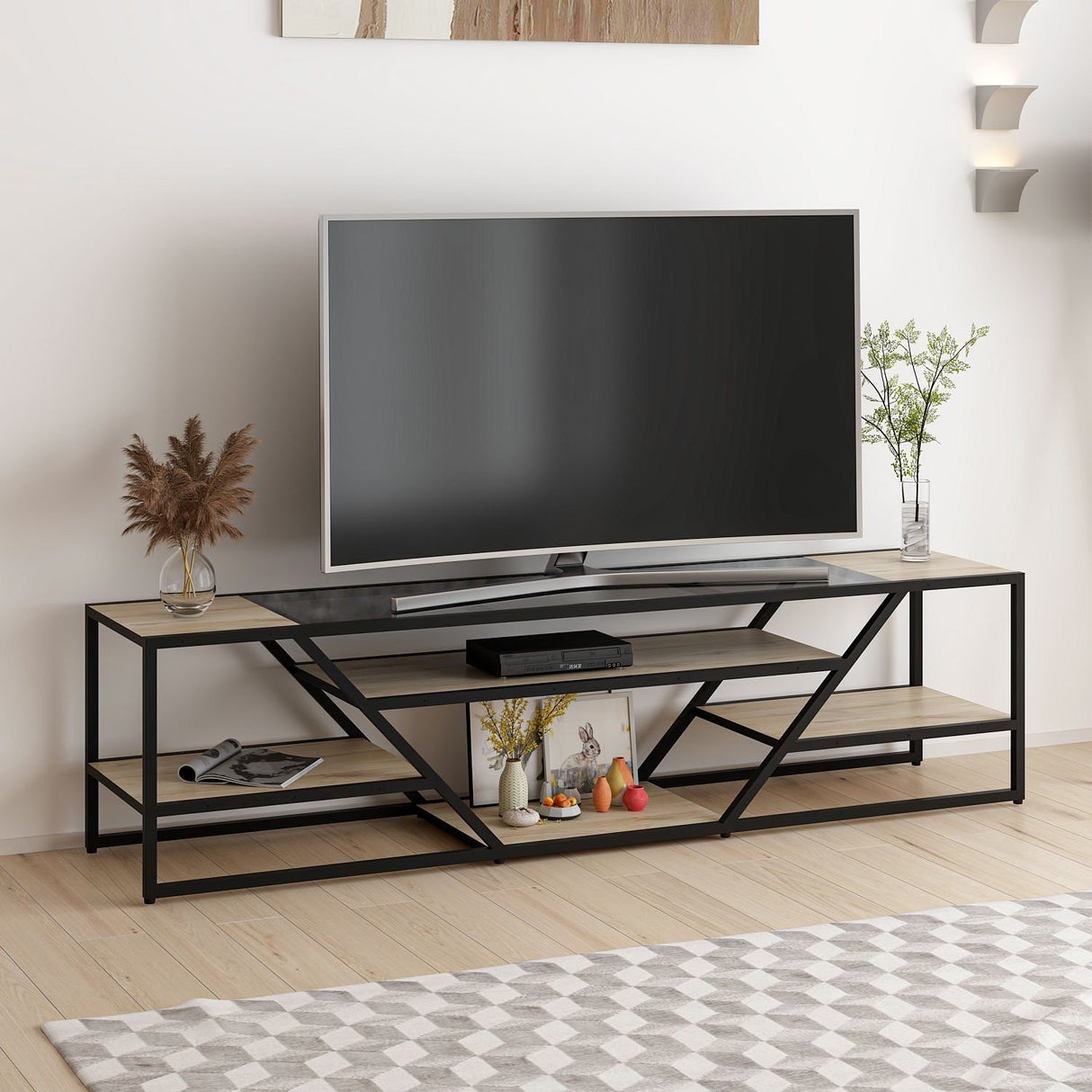 Comodă TV Lora - 8877, Negru, 180x40x45 cm