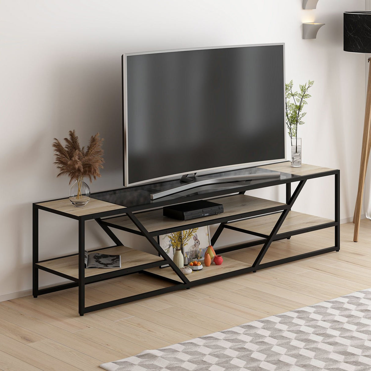 Comodă TV Lora - 8877, Negru, 180x40x45 cm