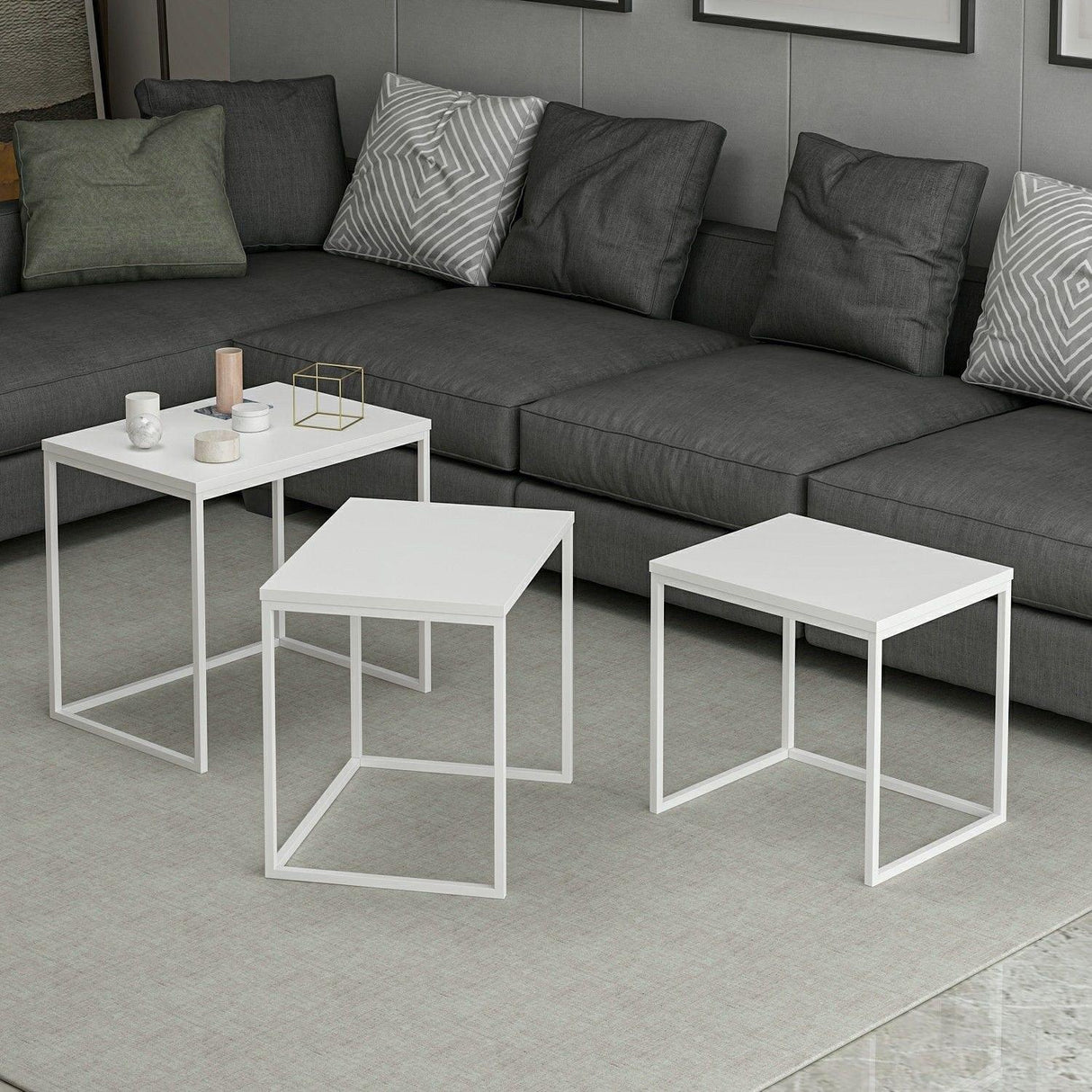 Set 3 măsuțe de cafea Evia, Diverse culori, 55x40x50 cm - Alb | SKU: 506MNR1206 | Set 3 măsuțe de cafea Evia, 55x40x50 cm, varianta Alb, produs pentru amenajarea locuinței, disponibil online în România la CasaMob