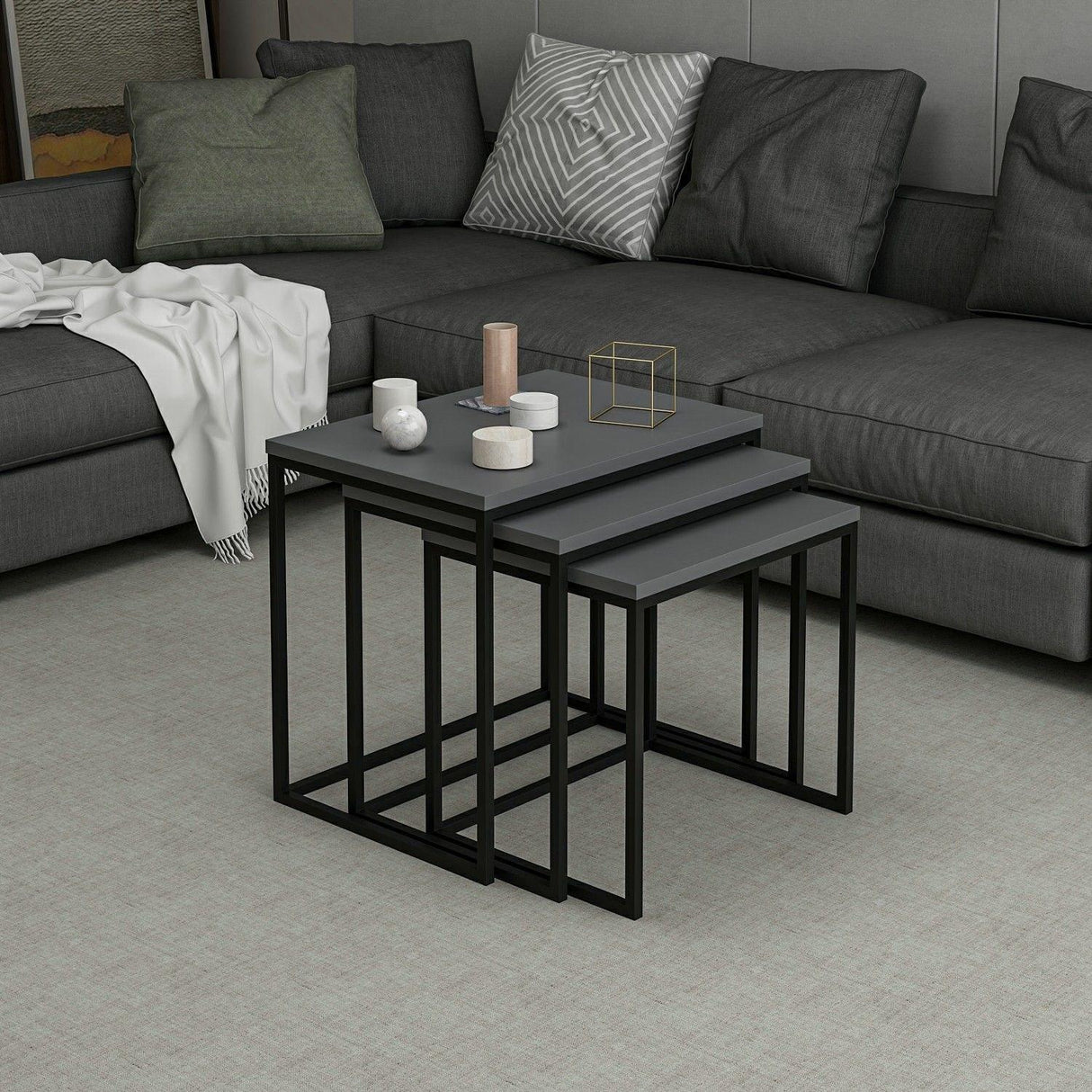 Set 3 măsuțe de cafea Evia, Diverse culori, 55x40x50 cm - Antracit | SKU: 506MNR1208 | Set 3 măsuțe de cafea Evia, 55x40x50 cm, varianta Antracit, produs pentru amenajarea locuinței, disponibil online în România la CasaMob