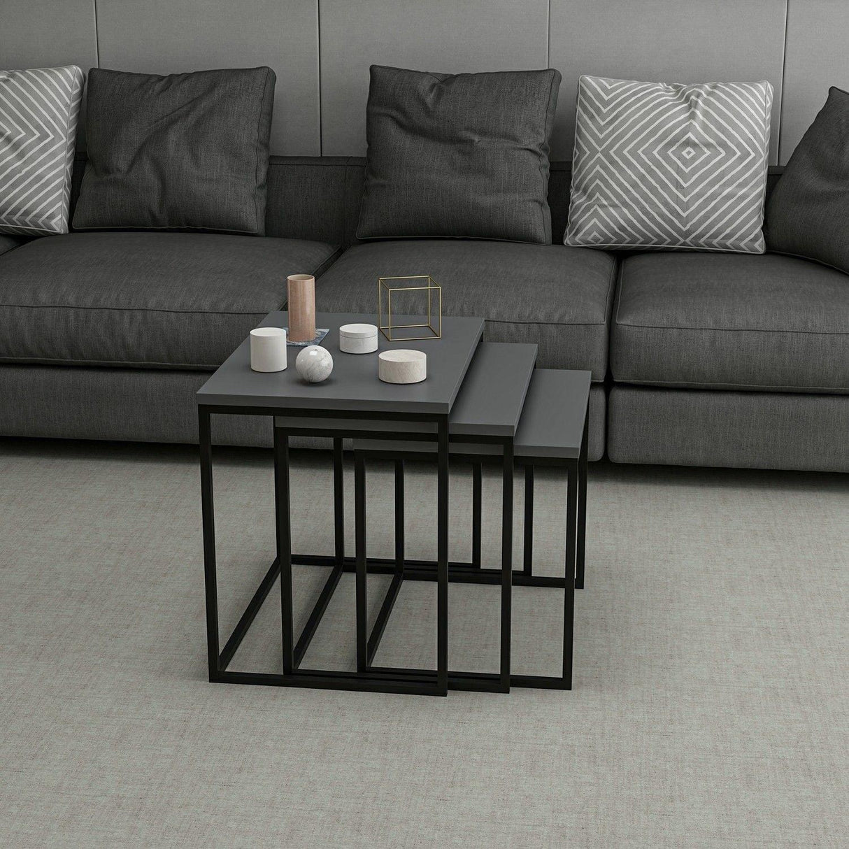 Set 3 măsuțe de cafea Evia, Diverse culori, 55x40x50 cm - Antracit | SKU: 506MNR1208 | Set 3 măsuțe de cafea Evia, 55x40x50 cm, varianta Antracit, produs pentru amenajarea locuinței, disponibil online în România la CasaMob