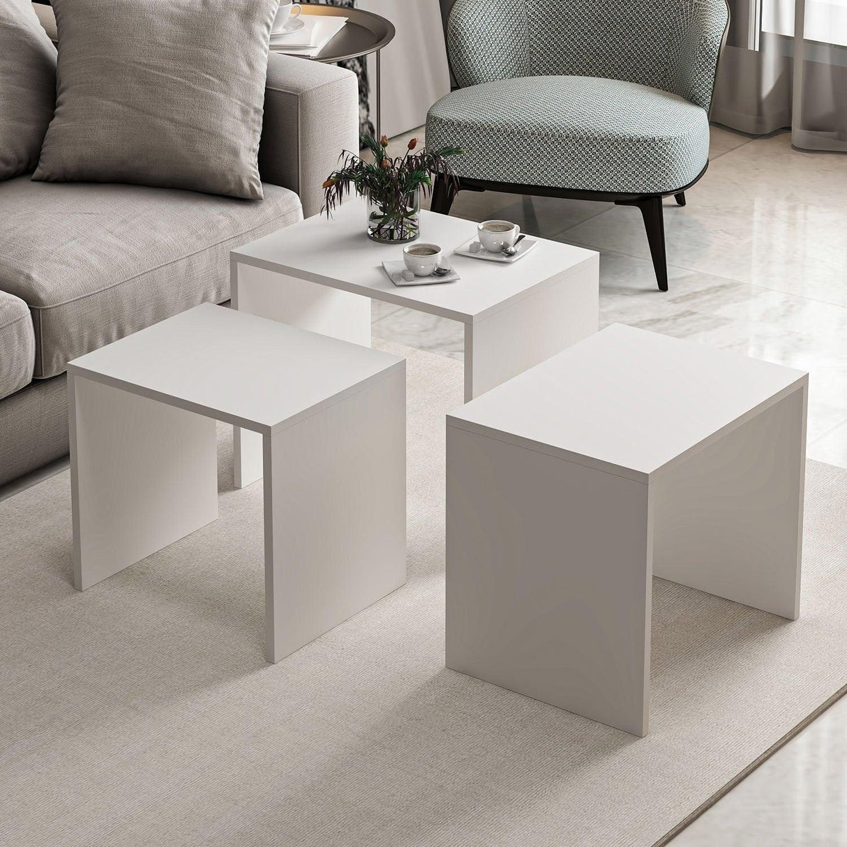 Set 3 măsuțe de cafea Alya, Diverse culori, 55x40x47 cm - Alb | SKU: 506MNR1214 | Set 3 măsuțe de cafea Alya, 55x40x47 cm, varianta Alb, produs pentru amenajarea locuinței, disponibil online în România la CasaMob