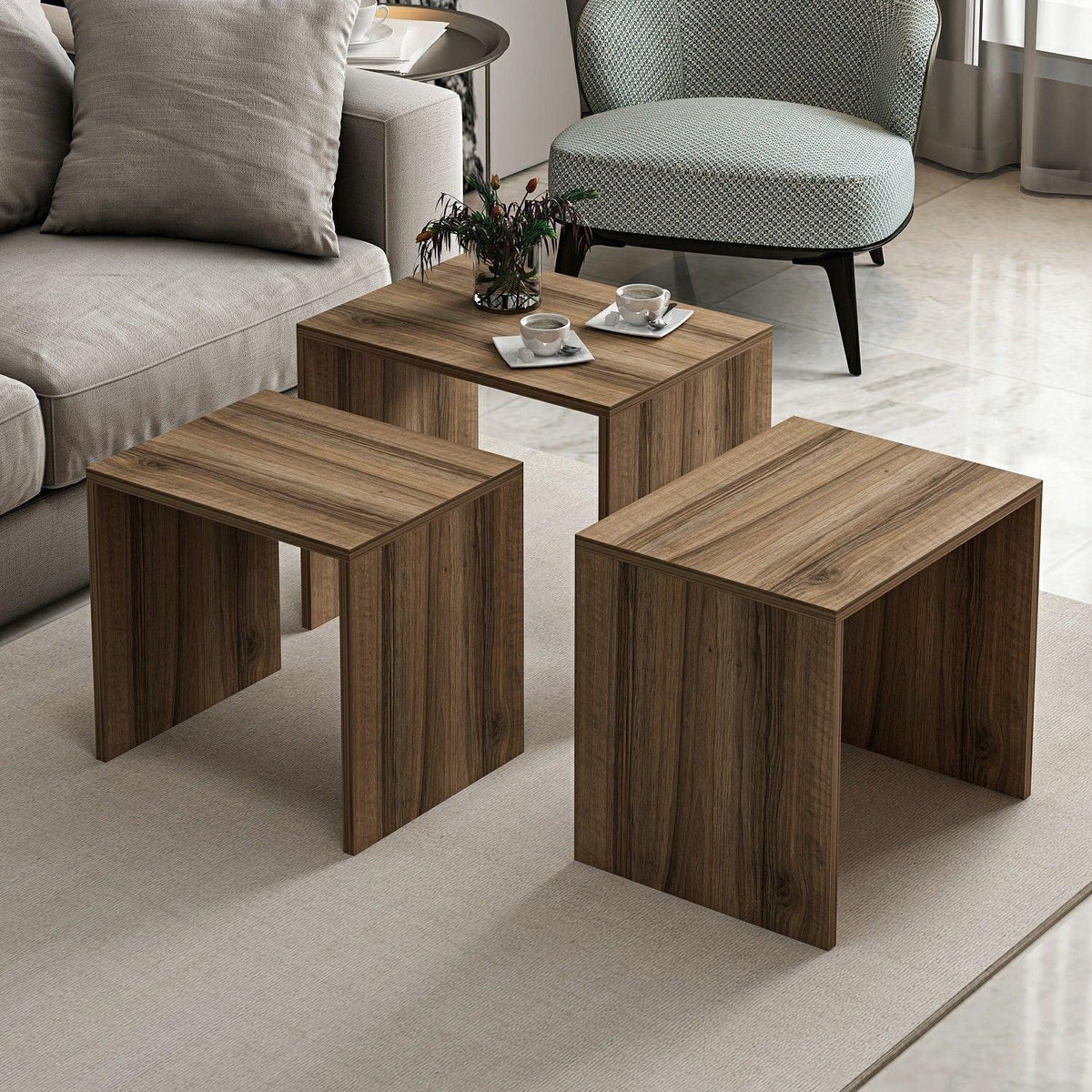 Nuc | SKU: 506MNR1215 | Set 3 măsuțe de cafea Alya, 55x40x47 cm, varianta Nuc, produs pentru amenajarea locuinței, disponibil online în România la CasaMob