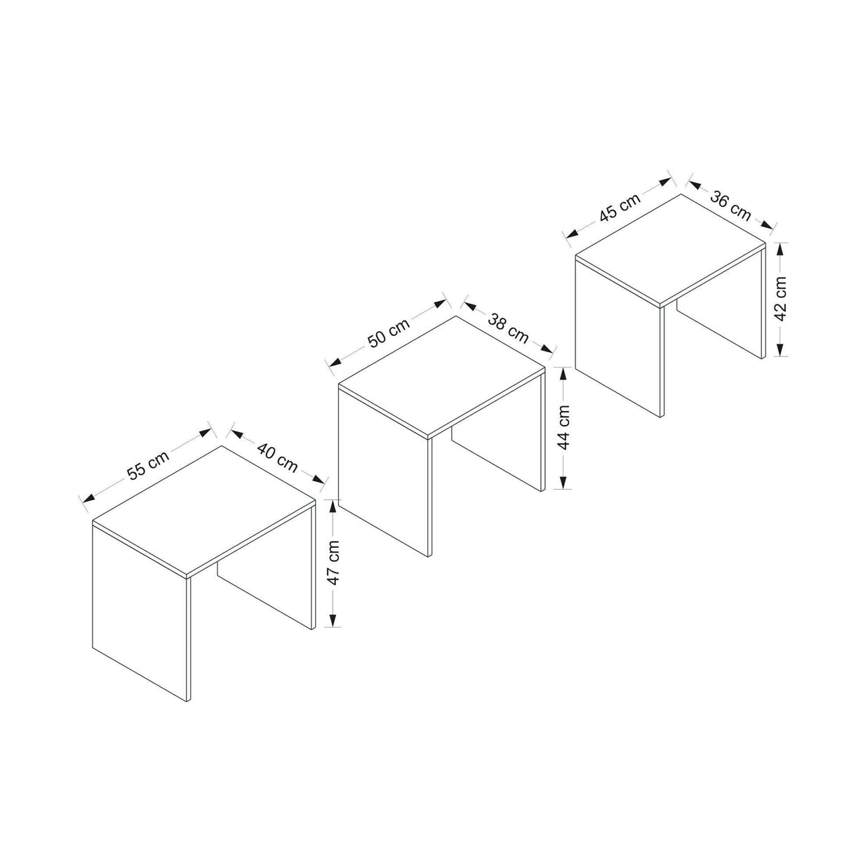 Nuc | SKU: 506MNR1215 | Set 3 măsuțe de cafea Alya, 55x40x47 cm, varianta Nuc, produs pentru amenajarea locuinței, disponibil online în România la CasaMob
