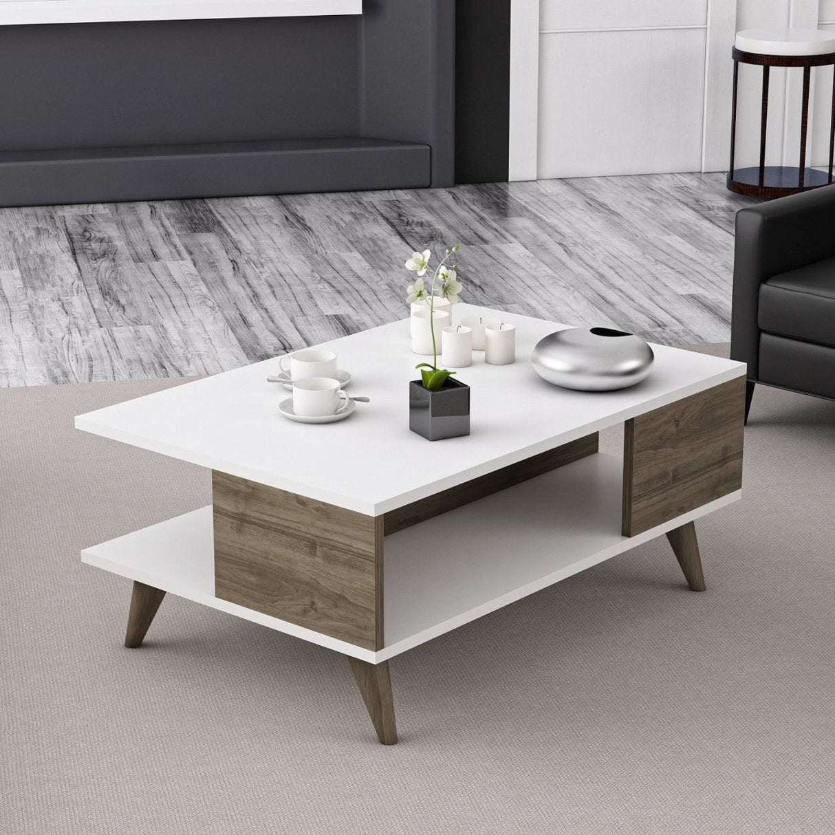 Măsuță de cafea Lyon, Diverse culori, 90x60x39 cm - Alb - Nuc | SKU: 506MNR1240 | Măsuță de cafea Lyon, 90x60x39 cm, varianta Alb - Nuc, produs pentru amenajarea locuinței, disponibil online în România la CasaMob