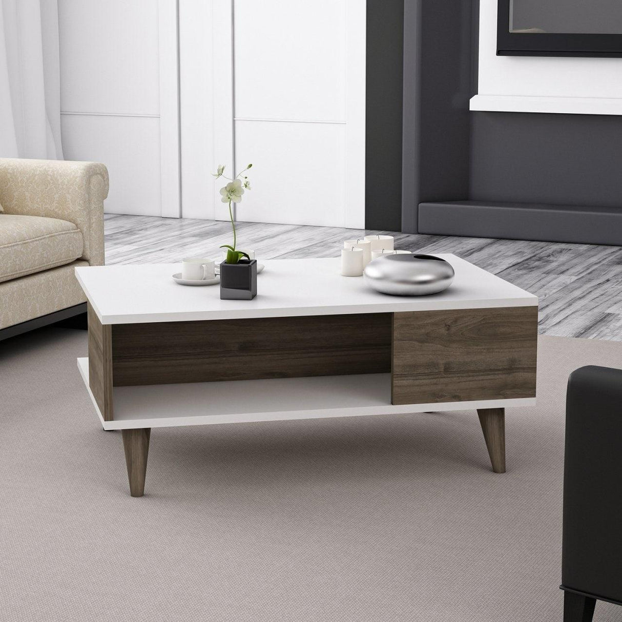 Măsuță de cafea Lyon, Diverse culori, 90x60x39 cm - Alb - Nuc | SKU: 506MNR1240 | Măsuță de cafea Lyon, 90x60x39 cm, varianta Alb - Nuc, produs pentru amenajarea locuinței, disponibil online în România la CasaMob