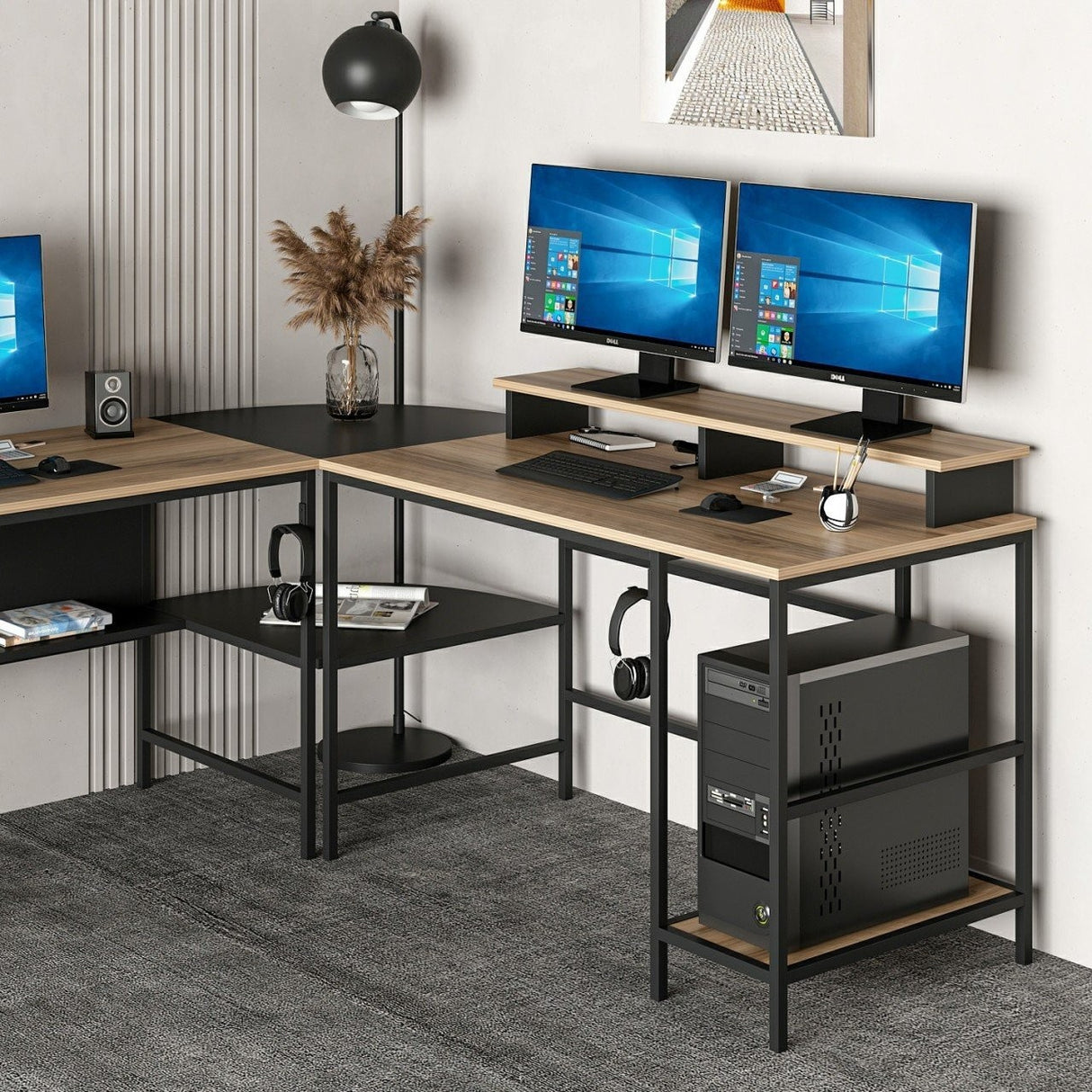 Birou Greta L Matte, Dore - Negru, 180x60x74 cm