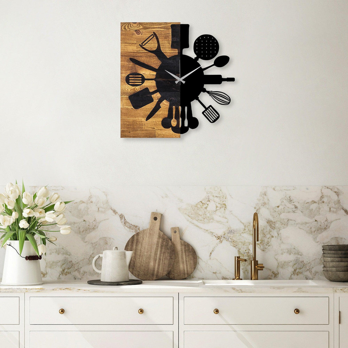 Ceas de perete decorativ din lemn Wooden Clock 32, Nuc, 3x58x60 cm