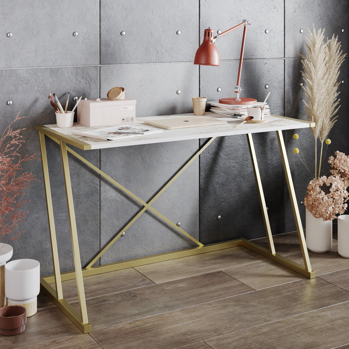 Birou Anemon, Diverse culori, Diverse dimensiuni - Alb - Auriu - 120x60x75 cm | SKU: 541HDL1105 | Birou Anemon, varianta Alb - Auriu - 120x60x75 cm, produs pentru amenajarea locuinței, disponibil online în România la CasaMob