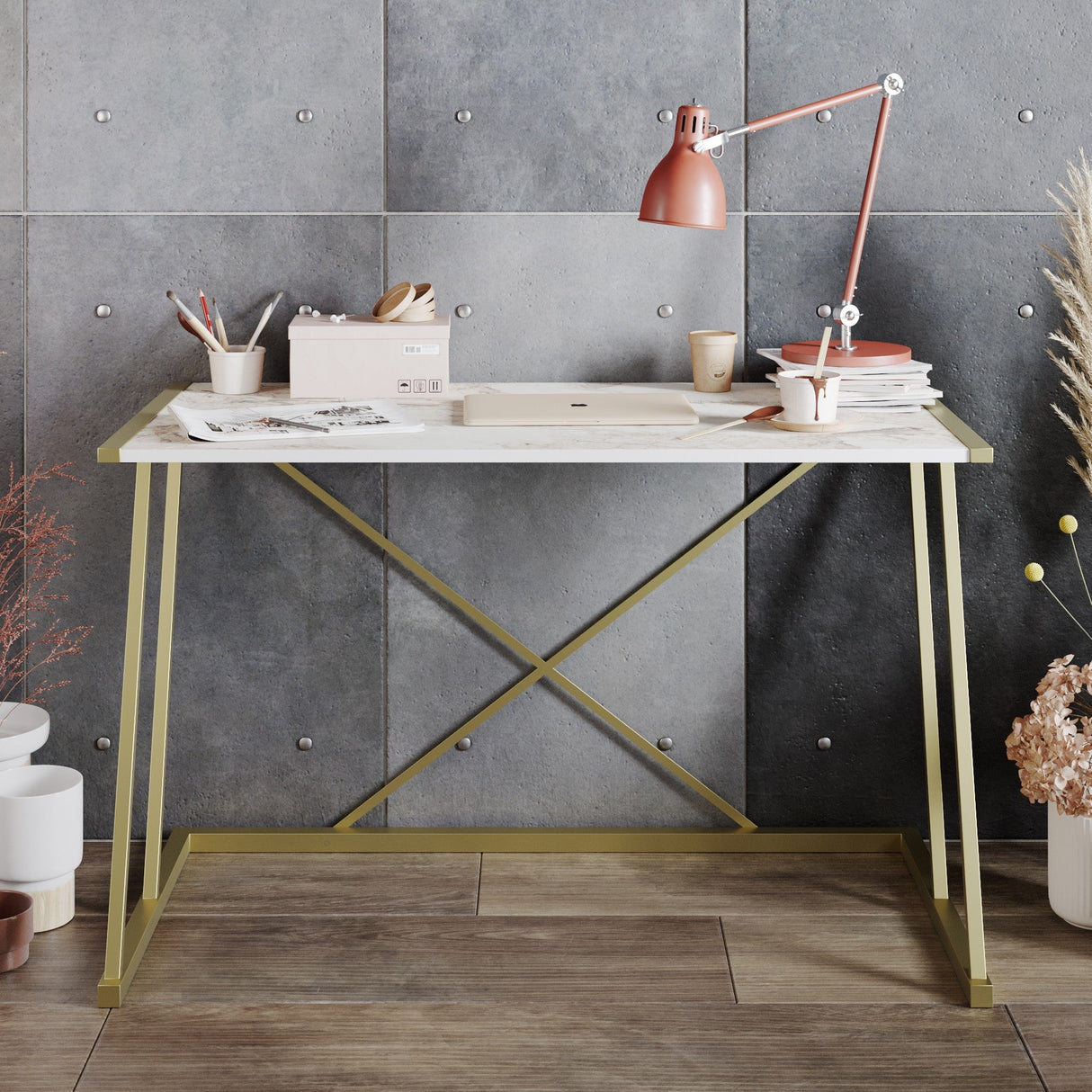 Birou Anemon, Diverse culori, Diverse dimensiuni - Alb - Auriu - 120x60x75 cm | SKU: 541HDL1105 | Birou Anemon, varianta Alb - Auriu - 120x60x75 cm, produs pentru amenajarea locuinței, disponibil online în România la CasaMob