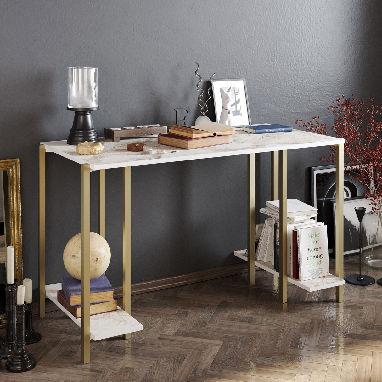 Birou Reader, Diverse culori, 125x60x74 cm - Alb - Auriu | SKU: 541HDL1113 | Birou Reader, 125x60x74 cm, varianta Alb - Auriu, produs pentru amenajarea locuinței, disponibil online în România la CasaMob