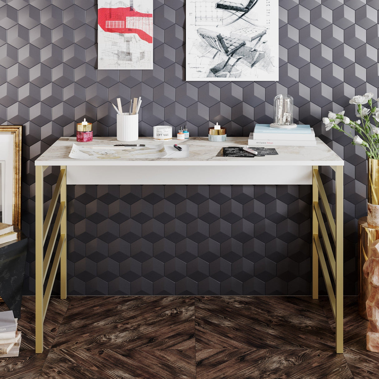 Birou Tuna, Diverse culori, 120x60x75 cm - Auriu - Alb | SKU: 541HDL1117 | Birou Tuna, 120x60x75 cm, varianta Auriu - Alb, produs pentru amenajarea locuinței, disponibil online în România la CasaMob