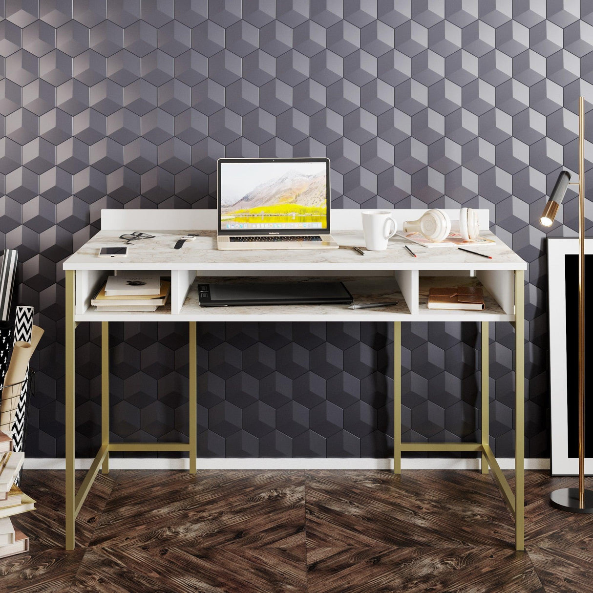 Birou Tumata, Diverse culori, Diverse dimensiuni - Auriu - Alb - 120x60x75 cm | SKU: 541HDL1123 | Birou Tumata, varianta Auriu - Alb - 120x60x75 cm, produs pentru amenajarea locuinței, disponibil online în România la CasaMob