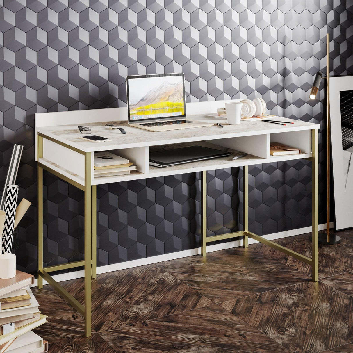 Birou Tumata, Diverse culori, Diverse dimensiuni - Auriu - Alb - 120x60x75 cm | SKU: 541HDL1123 | Birou Tumata, varianta Auriu - Alb - 120x60x75 cm, produs pentru amenajarea locuinței, disponibil online în România la CasaMob