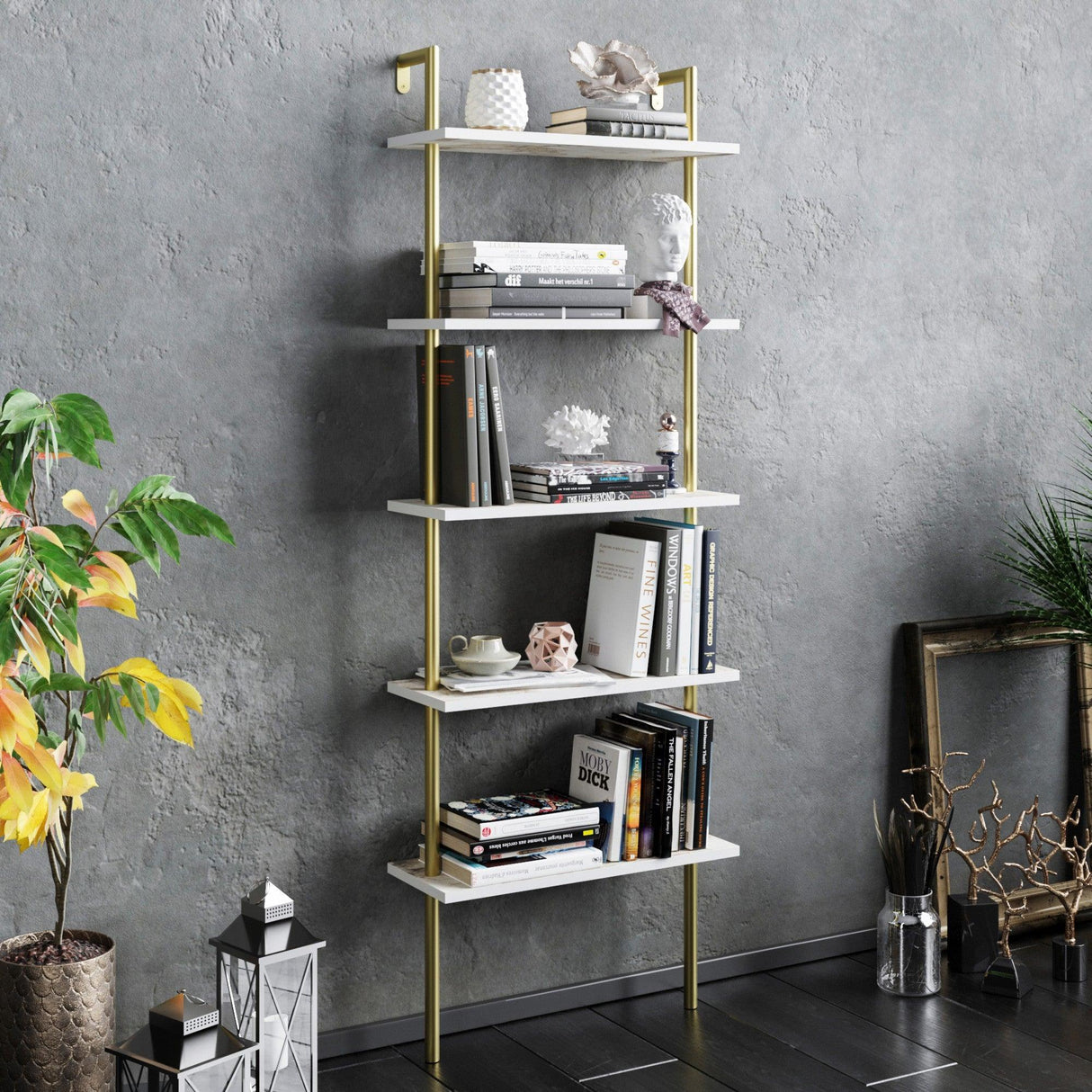 Bibliotecă Paula, Diverse culori, 60x22x174 cm - Alb - Auriu | SKU: 541HDL1307 | Bibliotecă Paula, 60x22x174 cm, varianta Alb - Auriu, produs pentru amenajarea locuinței, disponibil online în România la CasaMob