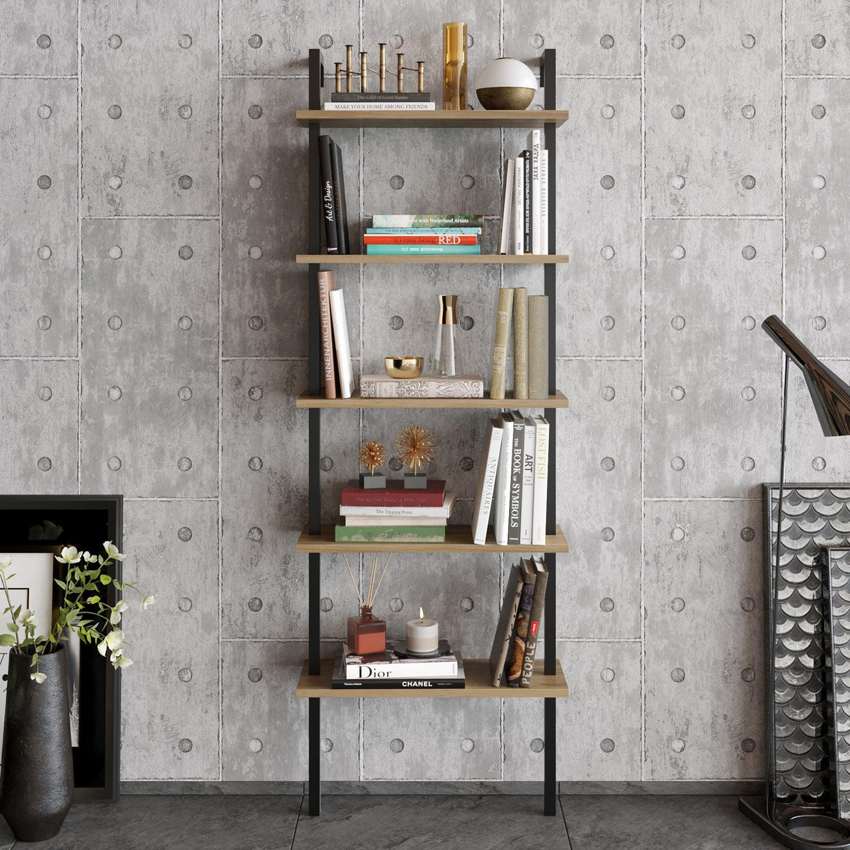 Bibliotecă Piante, Diverse culori, 60x22x174 cm - Nuc - Negru | SKU: 541HDL1310 | Bibliotecă Piante, 60x22x174 cm, varianta Nuc - Negru, produs pentru amenajarea locuinței, disponibil online în România la CasaMob