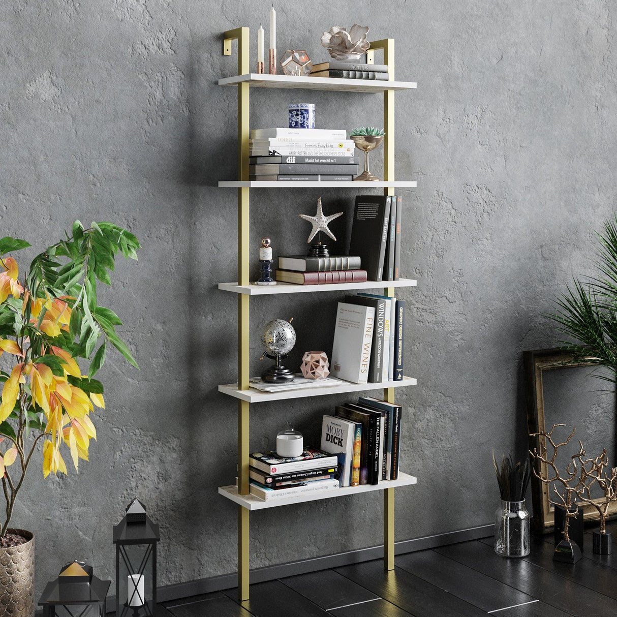 Bibliotecă Piante, Diverse culori, 60x22x174 cm - Alb - Auriu | SKU: 541HDL1311 | Bibliotecă Piante, 60x22x174 cm, varianta Alb - Auriu, produs pentru amenajarea locuinței, disponibil online în România la CasaMob