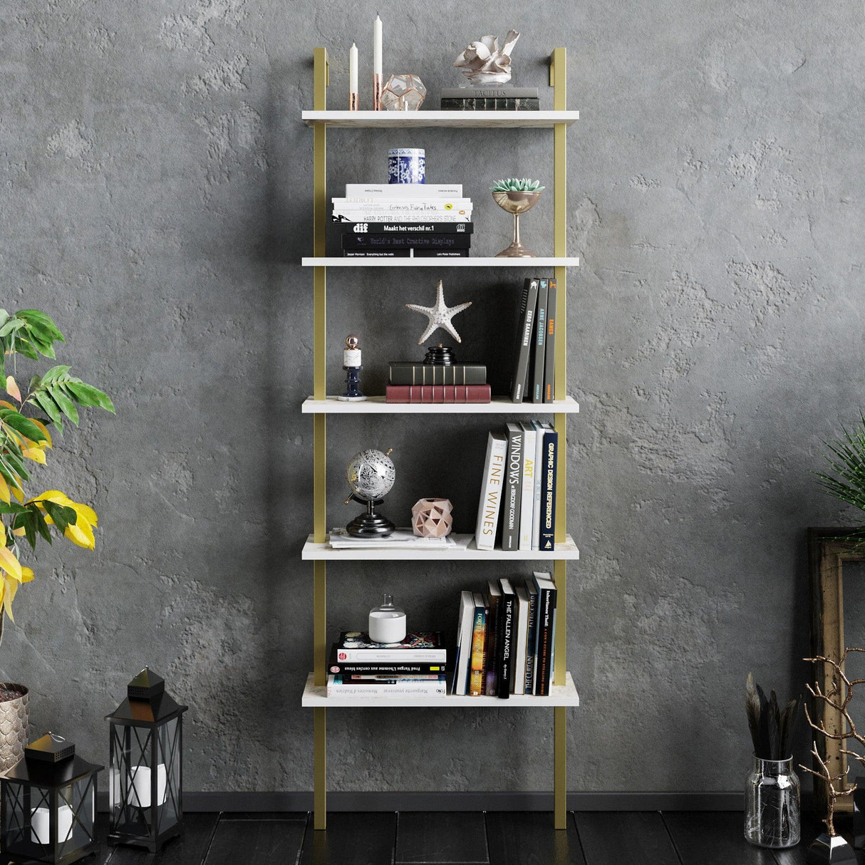 Bibliotecă Piante, Diverse culori, 60x22x174 cm - Alb - Auriu | SKU: 541HDL1311 | Bibliotecă Piante, 60x22x174 cm, varianta Alb - Auriu, produs pentru amenajarea locuinței, disponibil online în România la CasaMob