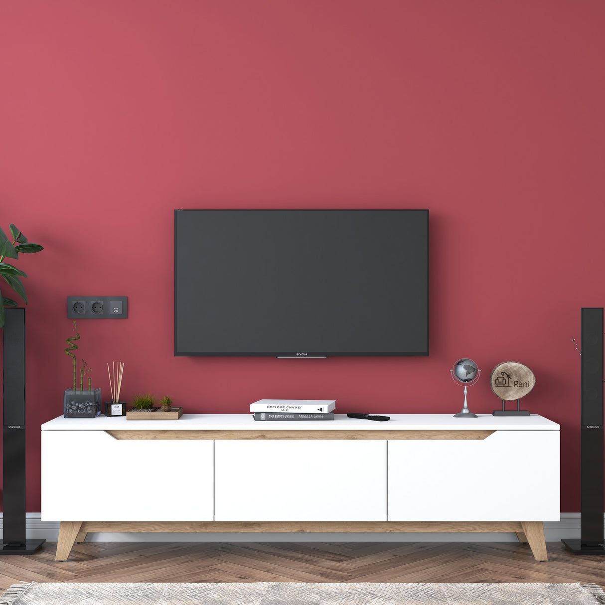 Comodă TV D1 - 2472, Alb - Nuc, 180x35x49 cm