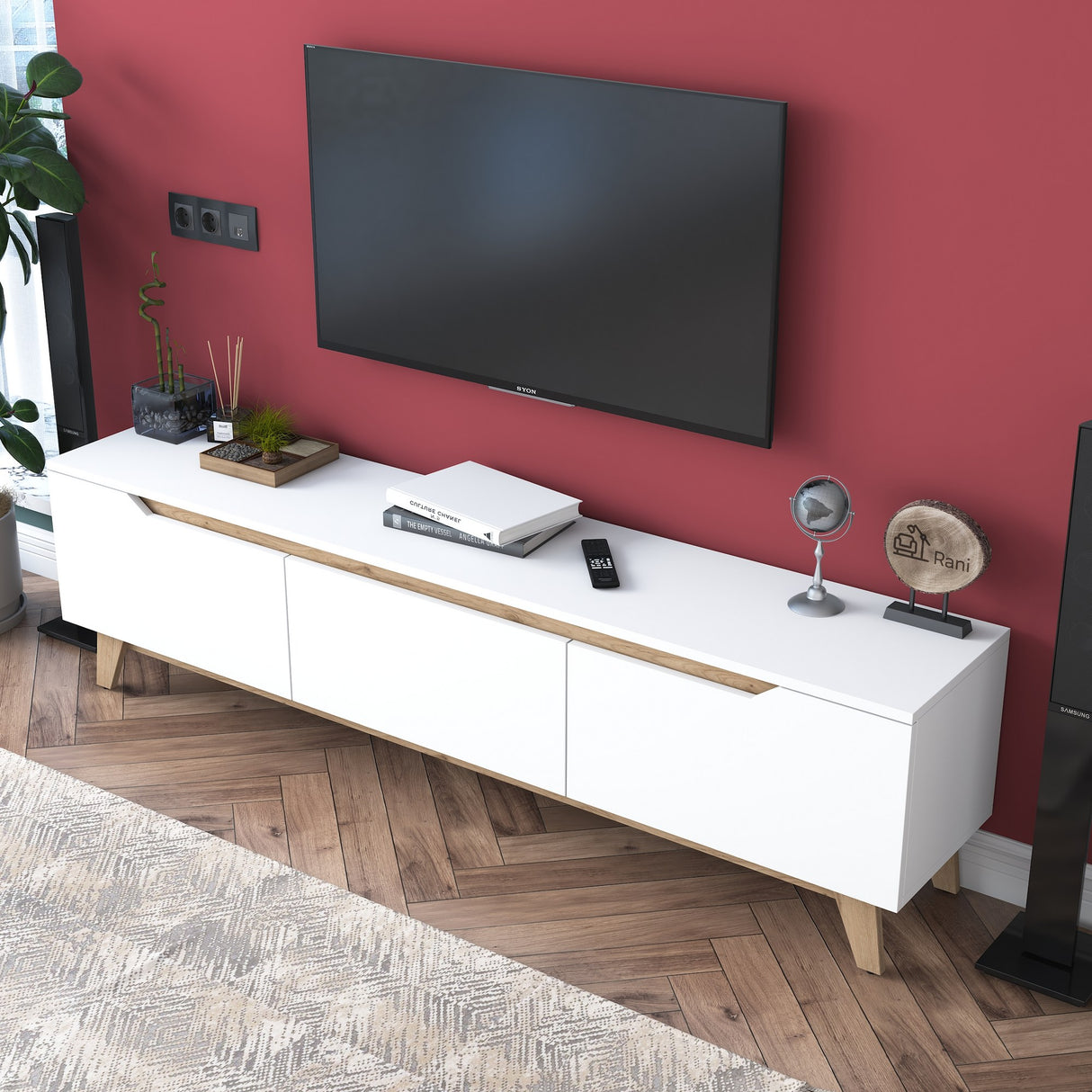 Comodă TV D1 - 2472, Alb - Nuc, 180x35x49 cm