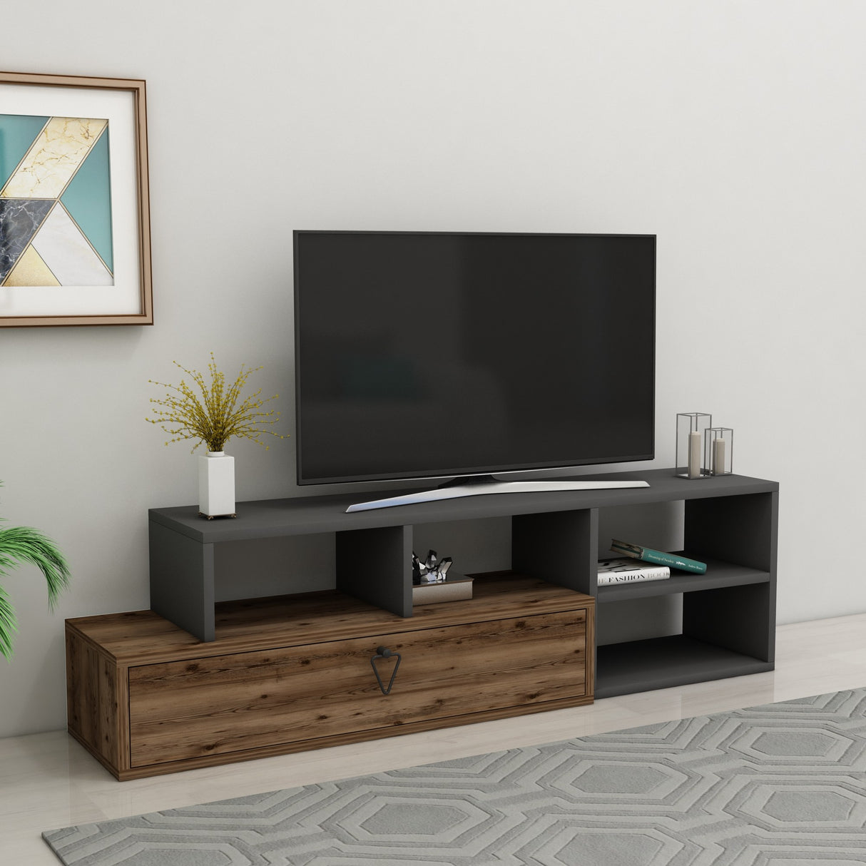 Comodă TV Duru, Light walnut - Antracit, 120x28x38 cm