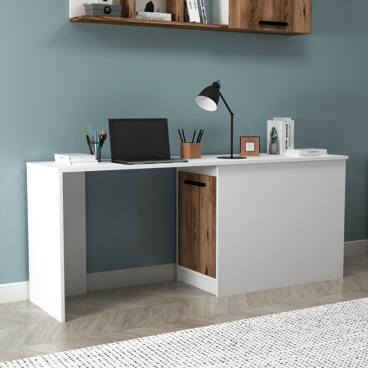 Birou Newra, Diverse culori, 180x47x74 cm - Light walnut - Alb | SKU: 550ARN1181 | Birou Newra, 180x47x74 cm, varianta Light walnut - Alb, produs pentru amenajarea locuinței, disponibil online în România la CasaMob