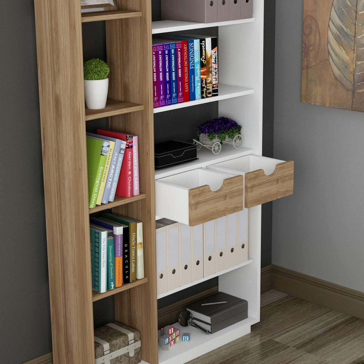 Bibliotecă Luma, Diverse culori, 80x25x189 cm - Alb - Nuc | SKU: 550ARN1602 | Bibliotecă Luma, 80x25x189 cm, varianta Alb - Nuc, produs pentru amenajarea locuinței, disponibil online în România la CasaMob