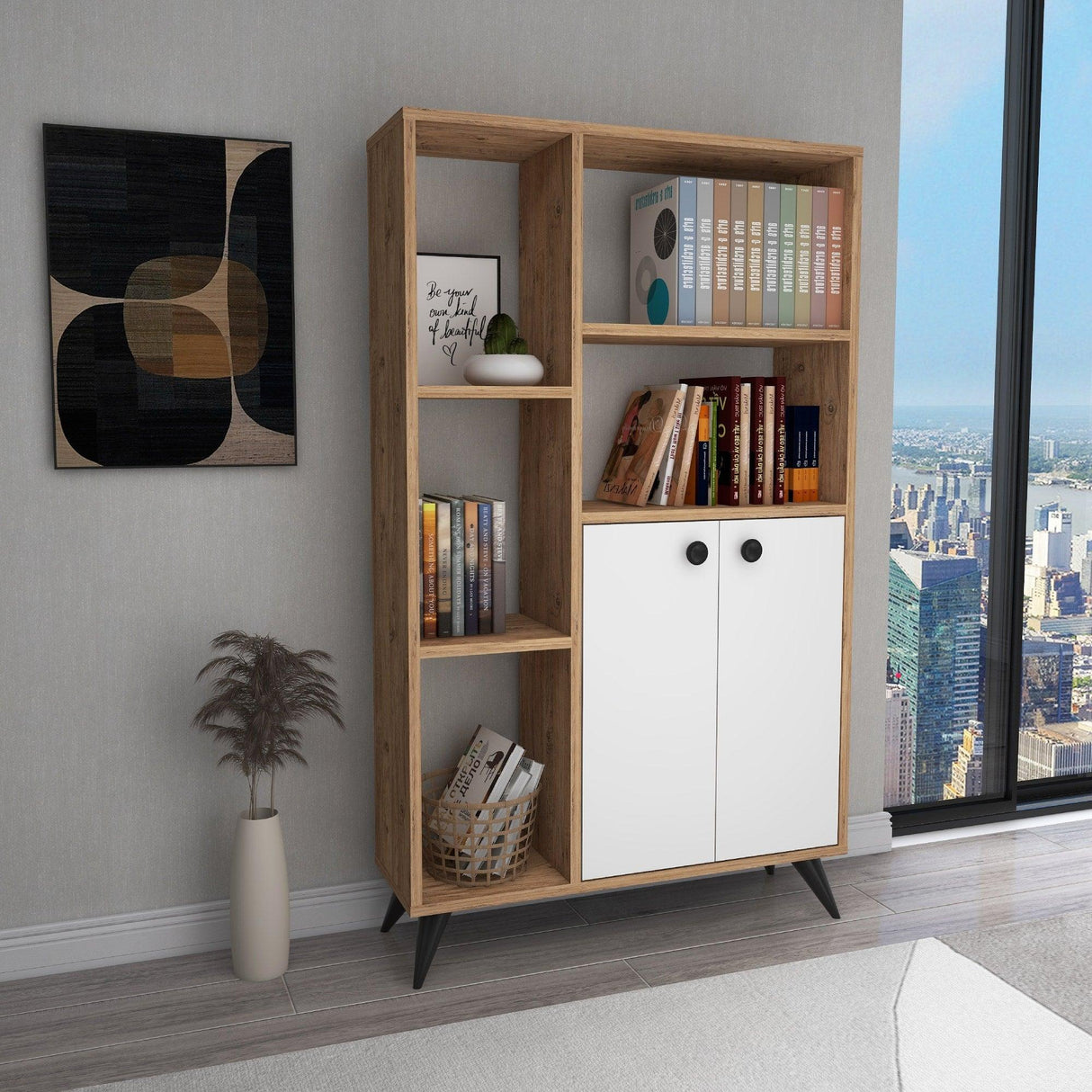 Biblioteca Meldan Stil Scandinav cu 7 Rafturi si 2 Usi, 80x25x135.6 cm - Natur, SKU 550ARN1650