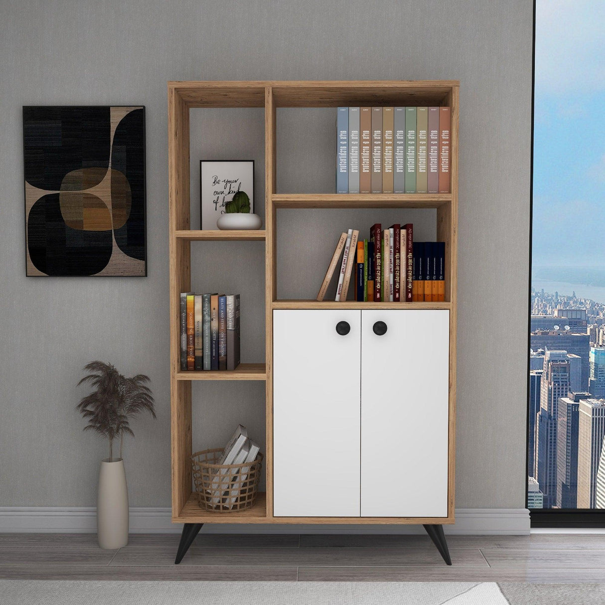 Biblioteca Meldan Stil Scandinav cu 7 Rafturi si 2 Usi, 80x25x135.6 cm - Natur, SKU 550ARN1650