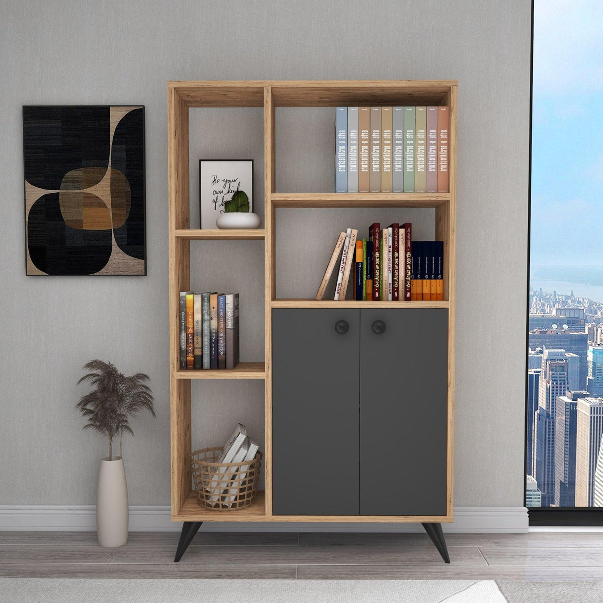 Biblioteca Meldan Stil Scandinav cu 7 Rafturi si 2 Usi, 80x25x135.6 cm - Antracit, SKU 550ARN1650
