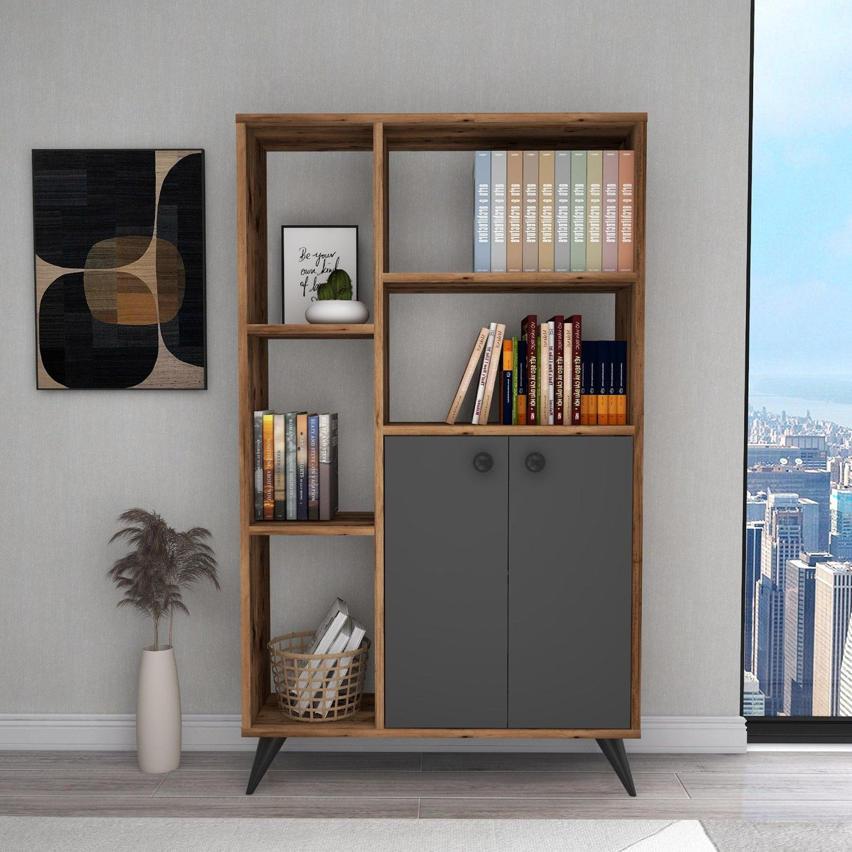 Biblioteca Meldan Stil Scandinav cu 7 Rafturi si 2 Usi, 80x25x135.6 cm - Nuc, SKU 550ARN1650