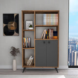Biblioteca Meldan Stil Scandinav cu 7 Rafturi si 2 Usi, 80x25x135.6 cm - Nuc, SKU 550ARN1650