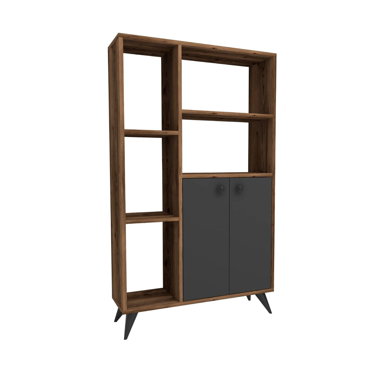 Biblioteca Meldan Stil Scandinav cu 7 Rafturi si 2 Usi, 80x25x135.6 cm - Nuc, SKU 550ARN1650