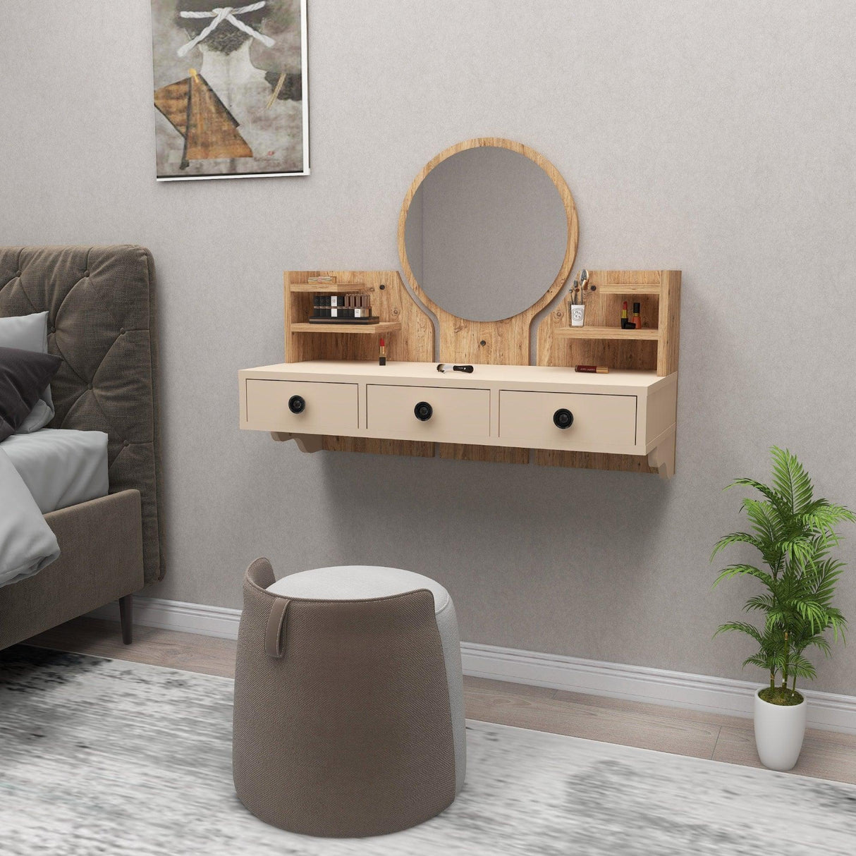 Masa de machiaj Polina cu 3 Sertare si Oglinda, 90 x 75 x 37 cm - Atlantic Pine Beige, SKU 550ARN2758
