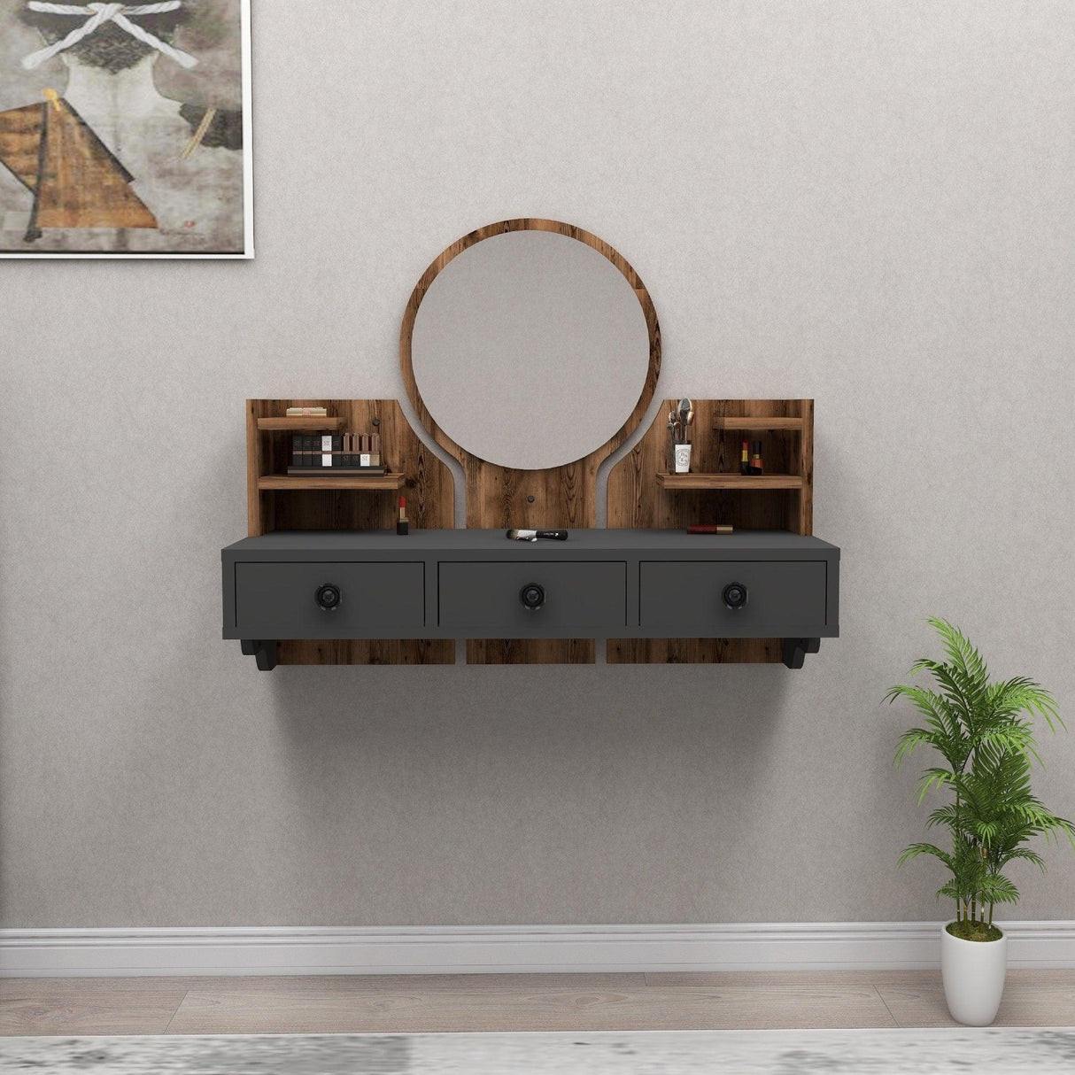 Masa de machiaj Polina cu 3 Sertare si Oglinda, 90 x 75 x 37 cm - Antracit de nuc deschis, SKU 550ARN2758