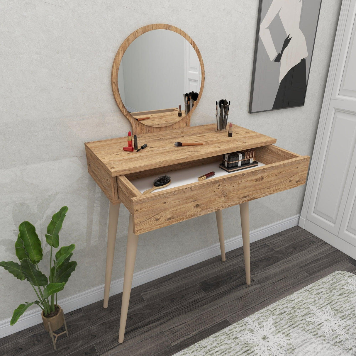 Masa de machiaj Elegant  Siena cu Sertar si cu Oglinda, 72 x 130 x 35 cm - Crem, SKU 550ARN2774
