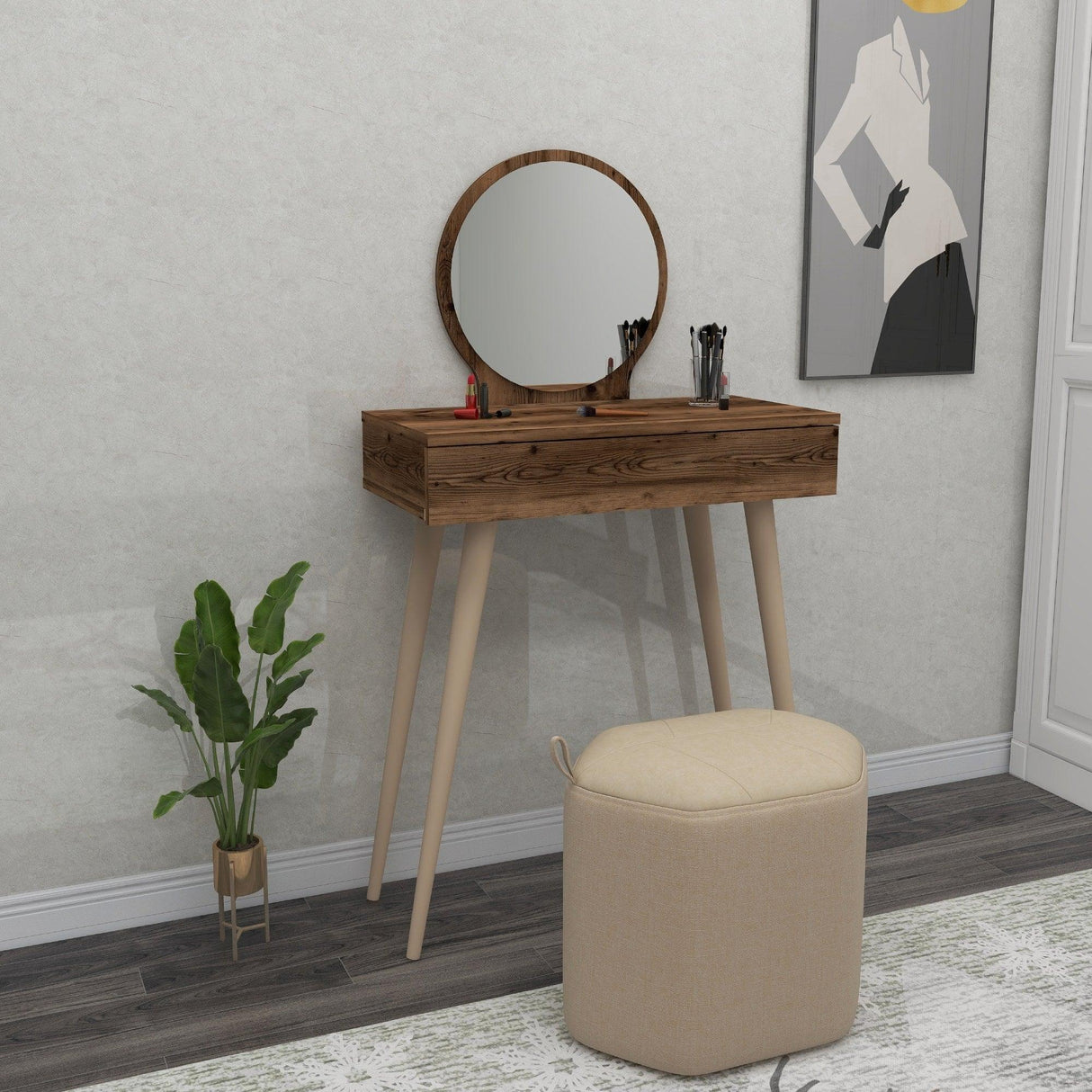 Masa de machiaj Elegant  Siena cu Sertar si cu Oglinda, 72 x 130 x 35 cm - Maro, SKU 550ARN2774