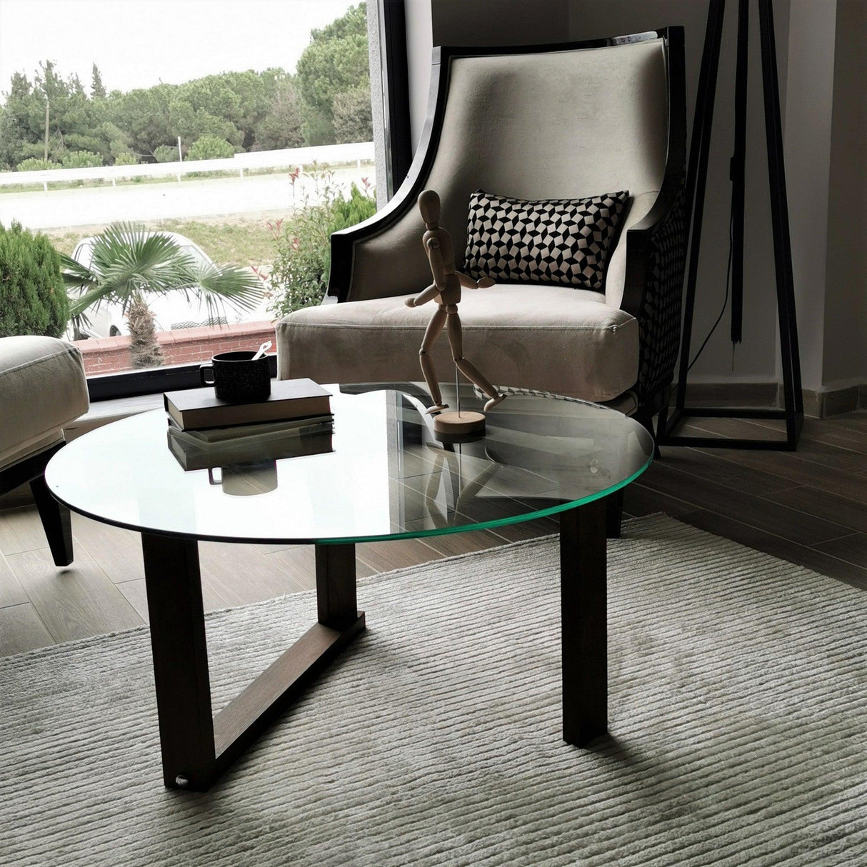 Masuta de cafea Yuvarlak Cam Orta Sehpa S300, Nuc, 80x41x80 cm