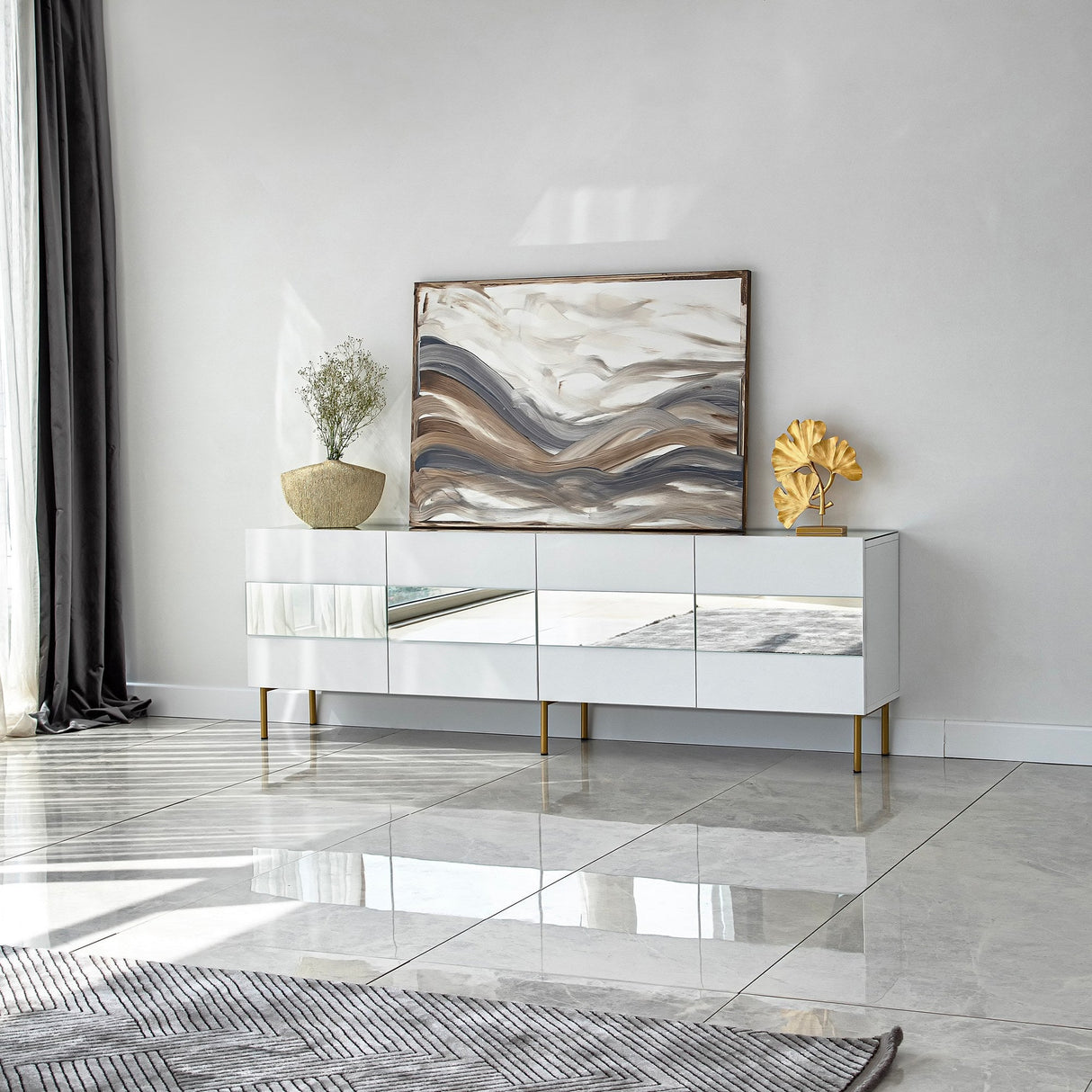 Comodă TV Leon, Diverse culori, 180x35x59 cm - Alb - Auriu | SKU: 552NOS1530 | Comodă TV Leon, 180x35x59 cm, varianta Alb - Auriu, produs pentru amenajarea locuinței, disponibil online în România la CasaMob
