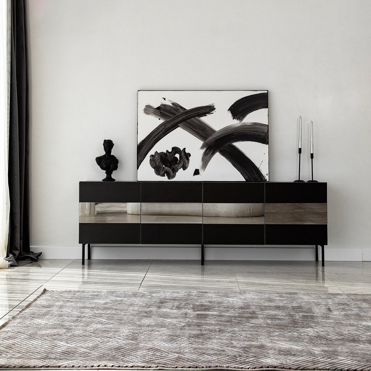 Comodă TV Leon, Diverse culori, 180x35x59 cm - Negru - Fumuriu | SKU: 552NOS1528 | Comodă TV Leon, 180x35x59 cm, varianta Negru - Fumuriu, produs pentru amenajarea locuinței, disponibil online în România la CasaMob