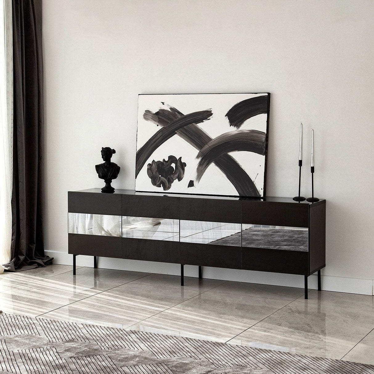 Comodă TV Leon, Diverse culori, 180x35x59 cm - Negru - Fumuriu | SKU: 552NOS1528 | Comodă TV Leon, 180x35x59 cm, varianta Negru - Fumuriu, produs pentru amenajarea locuinței, disponibil online în România la CasaMob