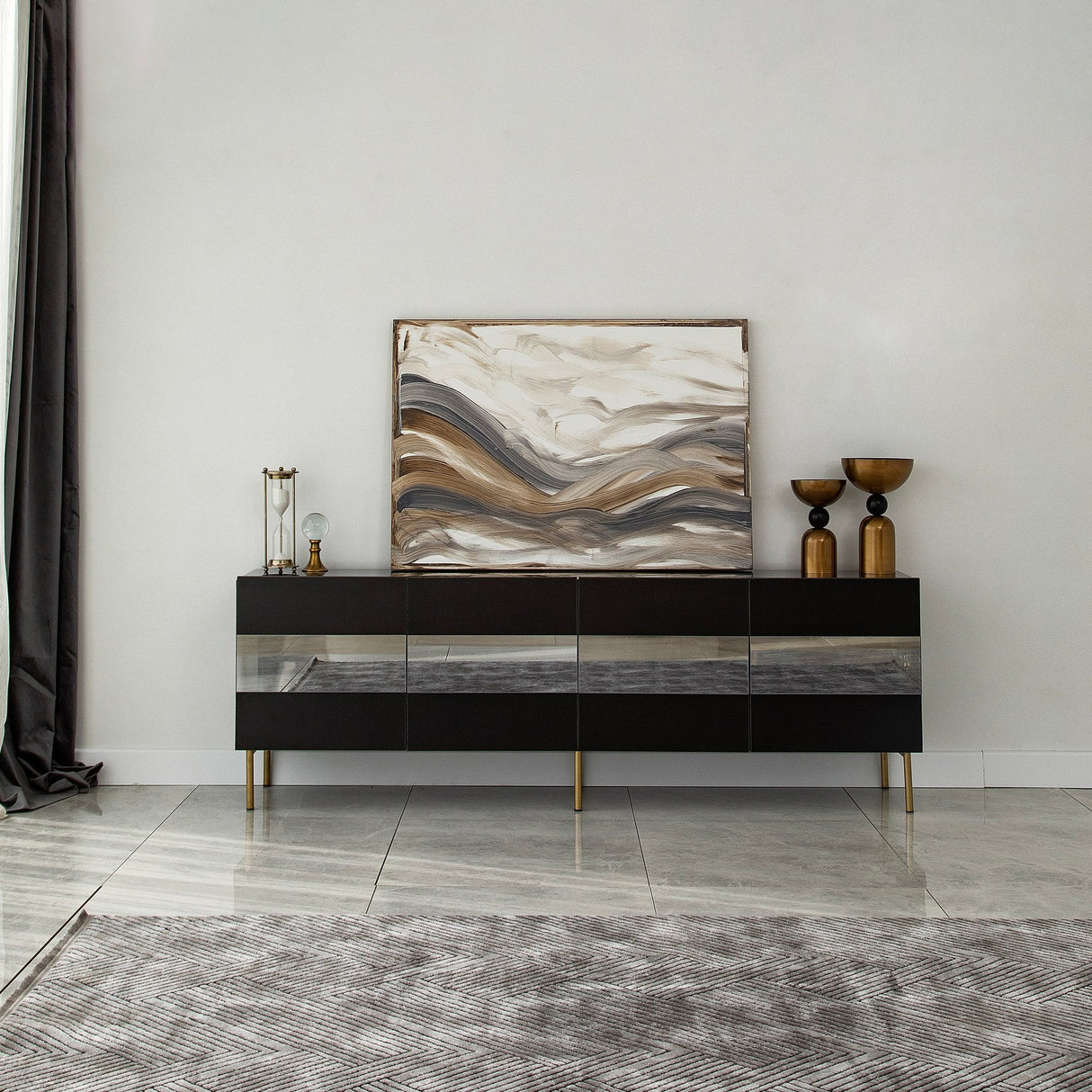 Comodă TV Leon, Diverse culori, 180x35x59 cm - Auriu - Fumuriu | SKU: 552NOS1529 | Comodă TV Leon, 180x35x59 cm, varianta Auriu - Fumuriu, produs pentru amenajarea locuinței, disponibil online în România la CasaMob