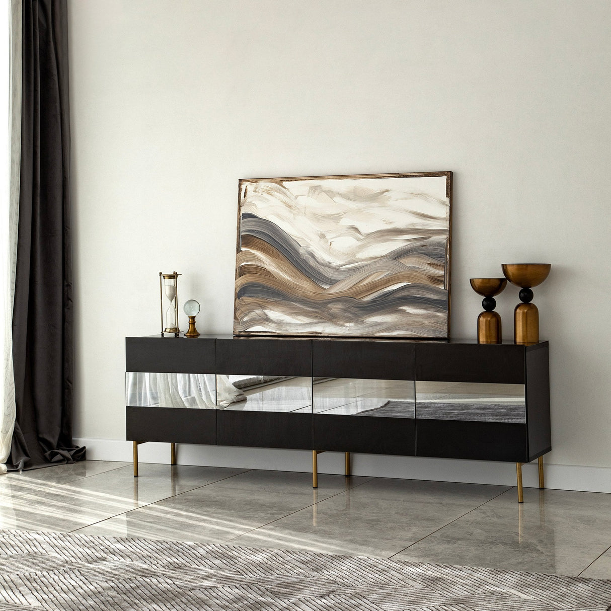 Comodă TV Leon, Diverse culori, 180x35x59 cm - Auriu - Fumuriu | SKU: 552NOS1529 | Comodă TV Leon, 180x35x59 cm, varianta Auriu - Fumuriu, produs pentru amenajarea locuinței, disponibil online în România la CasaMob