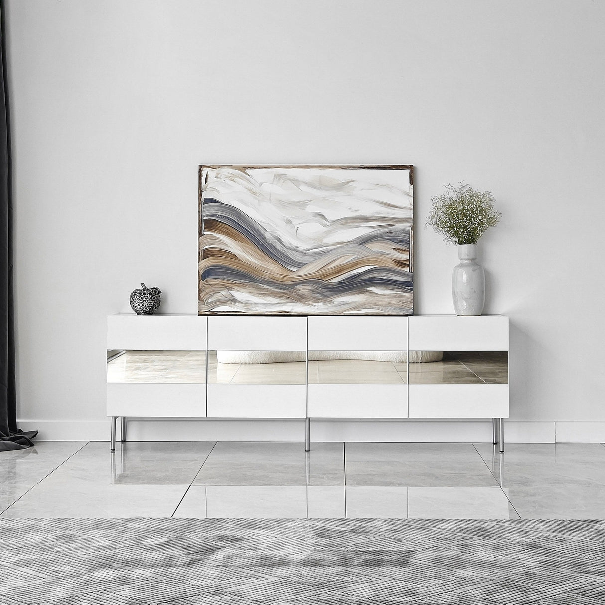 Comodă TV Leon, Diverse culori, 180x35x59 cm - Alb - Argintiu | SKU: 552NOS1531 | Comodă TV Leon, 180x35x59 cm, varianta Alb - Argintiu, produs pentru amenajarea locuinței, disponibil online în România la CasaMob