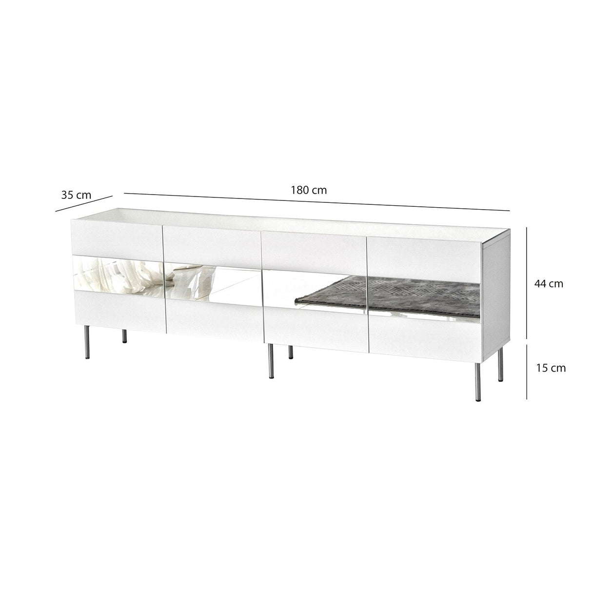 Comodă TV Leon, Diverse culori, 180x35x59 cm - Alb - Argintiu | SKU: 552NOS1531 | Comodă TV Leon, 180x35x59 cm, varianta Alb - Argintiu, produs pentru amenajarea locuinței, disponibil online în România la CasaMob